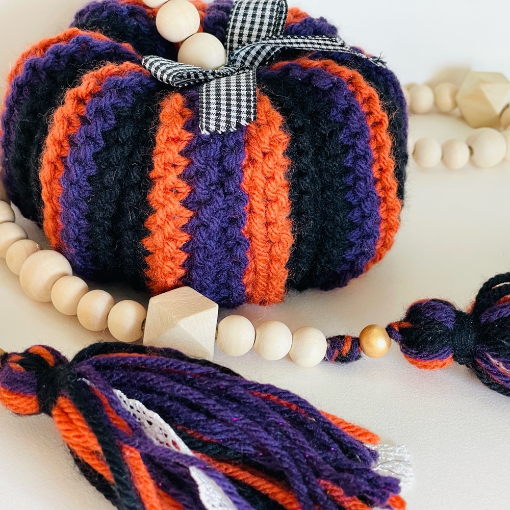 Dark Night hand knitted pumpkin and garland.